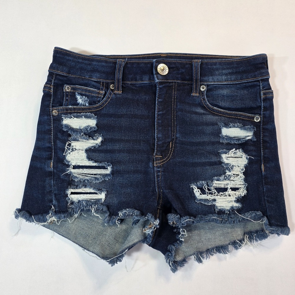 American Eagle Hi Rise Shortie Distressed Denim Shorts Women 25/26 Raw Hem